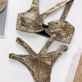 Asymmetric Shiny Snake Skin Thong Bikini Female Swimsuit Women Swimwear Two Pieces Bikini set High Cut Bather Bathing Suit Swim
