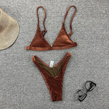 Ribbed Metallic Velvet Bikini Women Swimsuit Female Thong Swimwear Two Pieces Bikini Set High Cut Bathing Suit Swim Beachwear