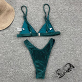 Ribbed Metallic Velvet Bikini Women Swimsuit Female Thong Swimwear Two Pieces Bikini Set High Cut Bathing Suit Swim Beachwear