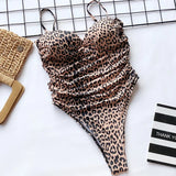 Push Up Bra Cup Leopard Scrunched Women Bandeau Swimwear One Piece Swimsuit Female Monokini High Cut Bathing Suit Swim Bodysuit