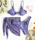 Marble Print V-Bar Underwired Bikini Women Swimsuit Female Swimwear Three-pieces Bikini Set Push Up Bathing Suit Beach Sarong