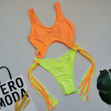 Sexy Splicing Tummy Cut Out Female Swimwear One Piece Swimsuit Women Tassel Monokini Bather String Bathing Suit Swim Bodysuit