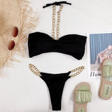 New Halter Ribbed Brazilian Bikini Female Swimsuit Women Swimwear Two pieces Bikini set Metal Chains Bather Bathing Suit Swim