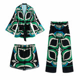 Foridol Oversized Green Print Boho Women Shorts Sets Shirts Shorts Pants Three Pieces Fashion Suits Matching Sets 2025 Summer