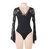 Bodysuits Women Top Fashion V Neck Lace Skinny Lingerie Leotard Black Mesh Salopette Teddy Femme Horn Sleeves Rompers Jumpsuits