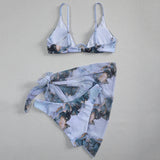 Marble Print V-Bar Underwired Bikini Women Swimsuit Female Swimwear Three-pieces Bikini Set Push Up Bathing Suit Beach Sarong