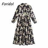 Foridol Geometric Print Black Shirt Dress Casual Elegant Autumn Winter Women's New Dress Vestidos Robe Femme Long Sleeve Dress