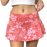 Women's Summer Ruffles A-Line Mini Skirt Y2K Style High Waist Floral Print Frill Trim Above Knee Short Skirt Blue/Pink/Purple