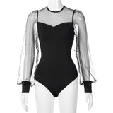 Women Pearl Mesh Puff Sleeve Bodysuit 2024 Fashion Long Sleeve Vintage Body Top Summer Fall Elegant Sexy Blouse Shirts Female