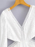 Foridol Waist Hollow Out V Neck Backless White Lace Party Dress Christmas Vestido Robe Ruffled Cotton Long Sleeve Autumn Dress