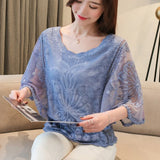Summer Loose Lace Blouse Women 2025 Butterfly Sleeve Chiffon Shirt Woman Fashion Casual Floral White Shirt Tops Blusas 4073