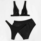ZTVitality Black Ribbed Three Pieces Bikini 2025 New Padded High Cut Mesh Swimsuit Female Swimwear Women Beach Brazilian Biquini