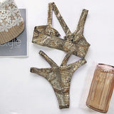 Asymmetric Shiny Snake Skin Thong Bikini Female Swimsuit Women Swimwear Two Pieces Bikini set High Cut Bather Bathing Suit Swim