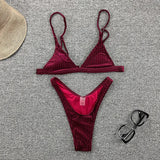 Ribbed Metallic Velvet Bikini Women Swimsuit Female Thong Swimwear Two Pieces Bikini Set High Cut Bathing Suit Swim Beachwear