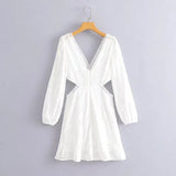 Foridol Waist Hollow Out V Neck Backless White Lace Party Dress Christmas Vestido Robe Ruffled Cotton Long Sleeve Autumn Dress