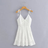 Foridol White Lace Sleeveless Summer Dress Women Hollow Out Embriodery Sundress Casual Button Beach Boho Vintage Short Dress