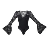 Bodysuits Women Top Fashion V Neck Lace Skinny Lingerie Leotard Black Mesh Salopette Teddy Femme Horn Sleeves Rompers Jumpsuits