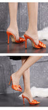 2025 Silk Butterfly Knot Women PVC Slippers Mule 11cm High Heels Slippers Luxury Sandals Pointed Toe Strappy Slides Party Shoes