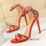 BIGTREE Shoes Color Rivets Women Sandals Roman Style Heeled Sandals Hollow Out High Heels Stiletto Sexy Party Shoes Sandals