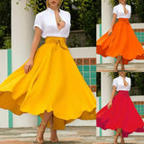 Fashion Women's Ladies Solid Color Bandage Pleated Cocktail Party High Waist  Summer A Line Skirts With Pocket