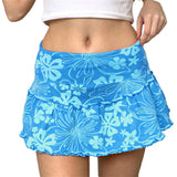 Women's Summer Ruffles A-Line Mini Skirt Y2K Style High Waist Floral Print Frill Trim Above Knee Short Skirt Blue/Pink/Purple