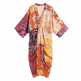 Foridol Paisley Print Batwing Sleeve Kimono Maxi Long Dress Floral Print Half Sleeve Boho Autumn Dress Orange Belt Slit Dress