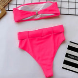 Neon Green Bandeau Swimsuit High Waist Bikini 2025 Women Swimwear Female Two pieces Bikini set Buckle Waistband bathing suit