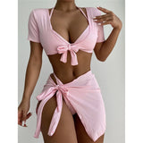 XS - L Ribbed Halter Bikini Women Swimwear Female Swimsuit Four-pieces Bikini set With Sarong Bather Bathing Suit Swim V3152B