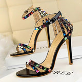 BIGTREE Shoes Color Rivets Women Sandals Roman Style Heeled Sandals Hollow Out High Heels Stiletto Sexy Party Shoes Sandals