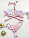 New Halter Ribbed Brazilian Bikini Female Swimsuit Women Swimwear Two pieces Bikini set Metal Chains Bather Bathing Suit Swim