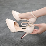 2025 Summer Brand Ankle Straps Womens Sandals 10 Cm Sexy Pointed Toe Platform Pumps Matte Leather Ladies High Heels Size 32 33