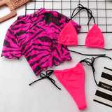 Zebra Print Mesh Short Sleeve Halter Mini Micro Bikini Female Swimsuit Women Swimwear Three-pieces Bikini set Bathing Suit Swim