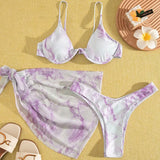 Marble Print V-Bar Underwired Bikini Women Swimsuit Female Swimwear Three-pieces Bikini Set Push Up Bathing Suit Beach Sarong
