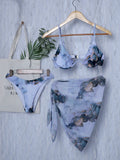 Marble Print V-Bar Underwired Bikini Women Swimsuit Female Swimwear Three-pieces Bikini Set Push Up Bathing Suit Beach Sarong