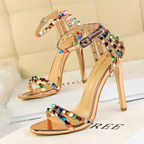 BIGTREE Shoes Color Rivets Women Sandals Roman Style Heeled Sandals Hollow Out High Heels Stiletto Sexy Party Shoes Sandals