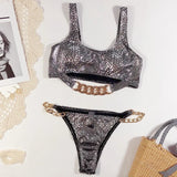 High Cut Metal Chains Bikini Women Swimsuit Female Swimwear Two Pieces Bikini Set Snake Skin Bather Bathing Suit Swim Beach Wear