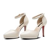 2025 Summer Brand Ankle Straps Womens Sandals 10 Cm Sexy Pointed Toe Platform Pumps Matte Leather Ladies High Heels Size 32 33