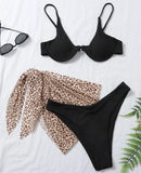 Marble Print V-Bar Underwired Bikini Women Swimsuit Female Swimwear Three-pieces Bikini Set Push Up Bathing Suit Beach Sarong