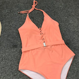 2025 Sexy Lace Up Halter Female Swimwear One Piece Swimsuit Women Backless Monokini with Waist Belt Bathing Suit Swim Bodysuit