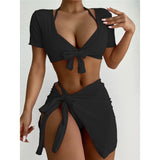 XS - L Ribbed Halter Bikini Women Swimwear Female Swimsuit Four-pieces Bikini set With Sarong Bather Bathing Suit Swim V3152B