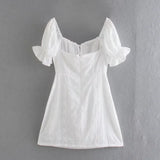 Foridol White Lace Summer Dress for Women Flower Embriodery Cotton Mini Dress Puff Sleeve Lace Up Ruffles Short Beach Dress