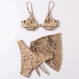 Marble Print V-Bar Underwired Bikini Women Swimsuit Female Swimwear Three-pieces Bikini Set Push Up Bathing Suit Beach Sarong