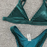 Ribbed Metallic Velvet Bikini Women Swimsuit Female Thong Swimwear Two Pieces Bikini Set High Cut Bathing Suit Swim Beachwear