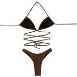 ZTVitality Solid Ribbed Bandage Wrap Around Bikini 2025 New Halter Padded Bra  High Leg Sexy Swimsuit Beach Wear Swimwear Women