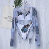Marble Print V-Bar Underwired Bikini Women Swimsuit Female Swimwear Three-pieces Bikini Set Push Up Bathing Suit Beach Sarong