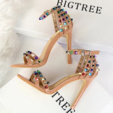BIGTREE Shoes Color Rivets Women Sandals Roman Style Heeled Sandals Hollow Out High Heels Stiletto Sexy Party Shoes Sandals