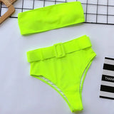 Neon Green Bandeau Swimsuit High Waist Bikini 2025 Women Swimwear Female Two pieces Bikini set Buckle Waistband bathing suit