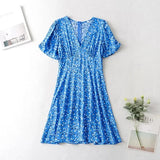 Foridol Blue Floral Print Summer Beach Dress Women Casual Holiday Short Sleeve Dress Boho Sundress Vestidos Fashion Clothes