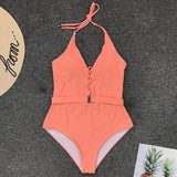 2025 Sexy Lace Up Halter Female Swimwear One Piece Swimsuit Women Backless Monokini with Waist Belt Bathing Suit Swim Bodysuit