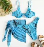 Marble Print V-Bar Underwired Bikini Women Swimsuit Female Swimwear Three-pieces Bikini Set Push Up Bathing Suit Beach Sarong